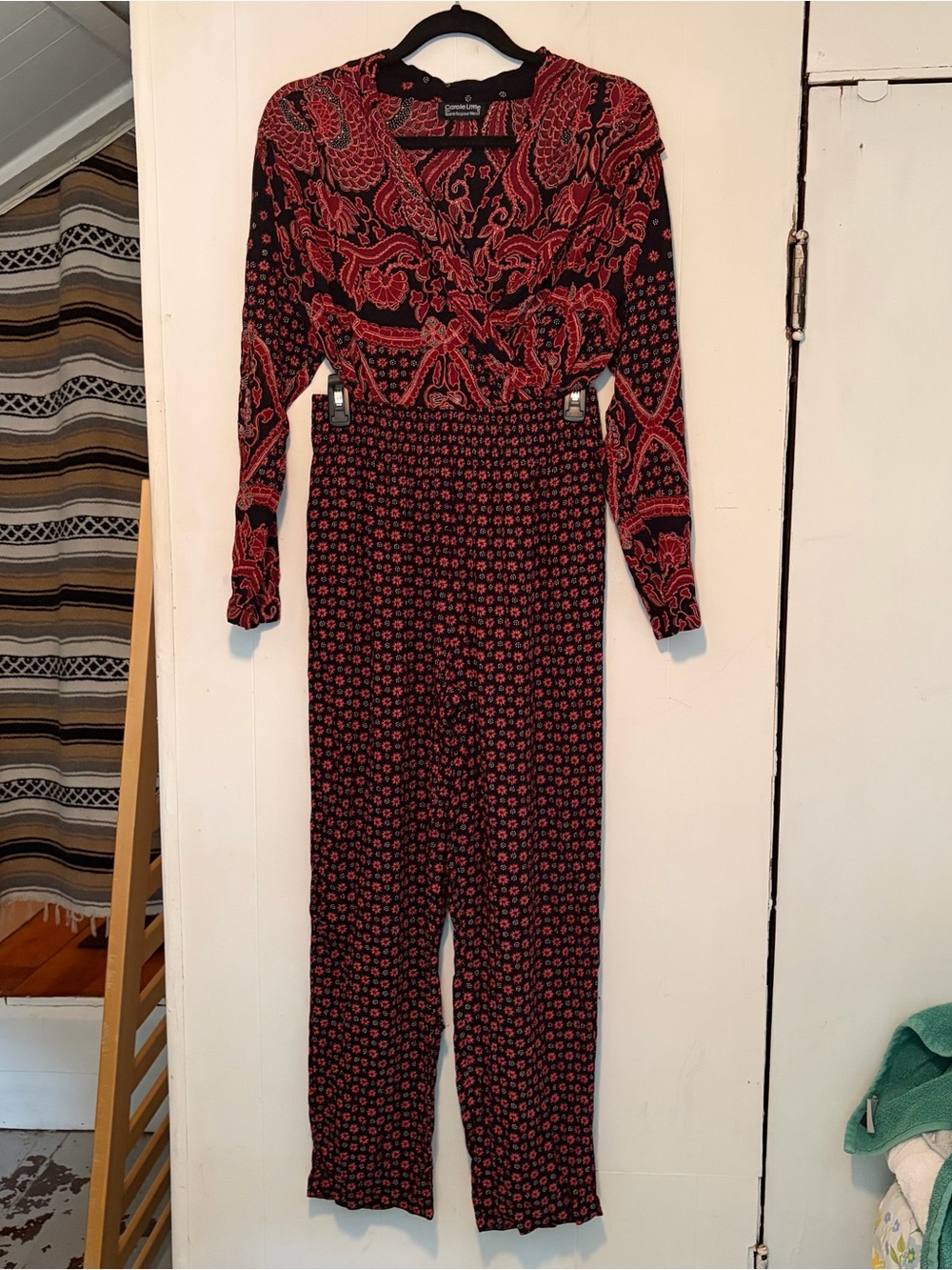 Red/black floral + paisley printed two piece pant set with long sleeve crop top